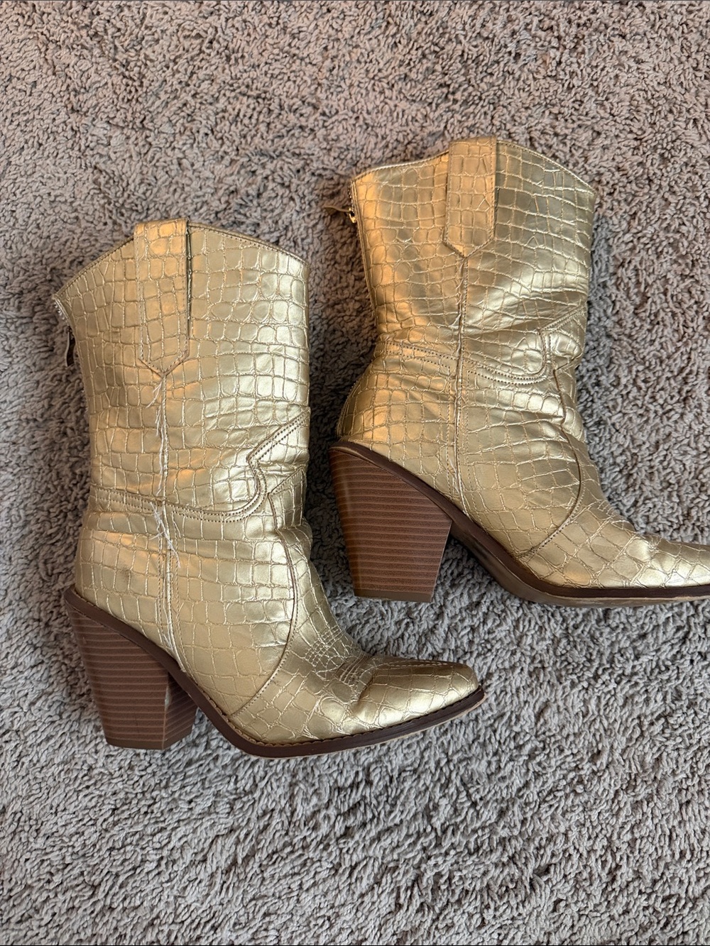 Metallic Gold Croc-Embossed Western Mid-Calf Heeled Boots